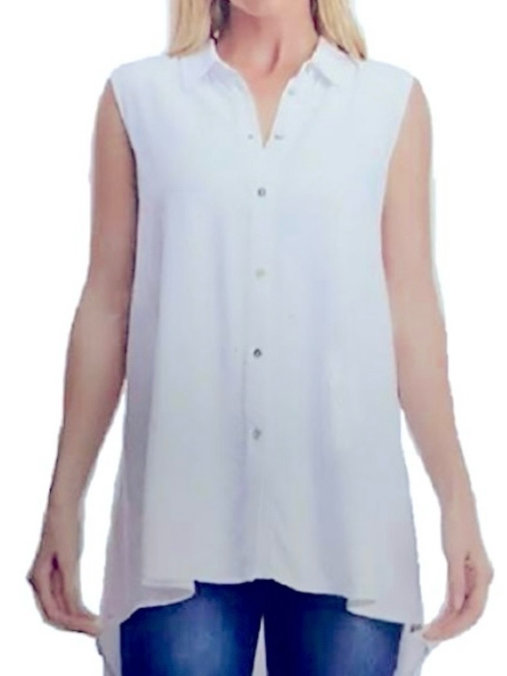 FEVER Sleeveless White Button-Front High-Low Blouse, Small